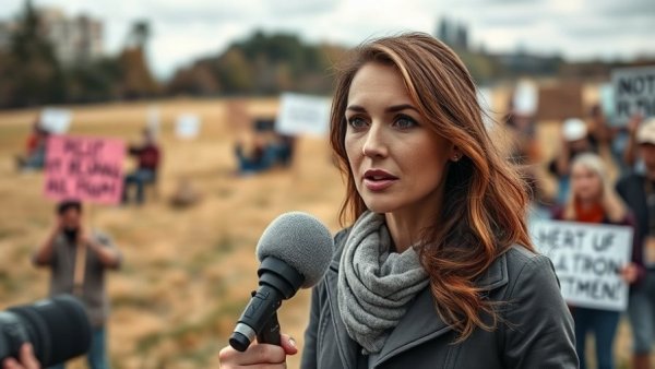 Independent journalist in New Jersey reporting from a protest with determined expression.