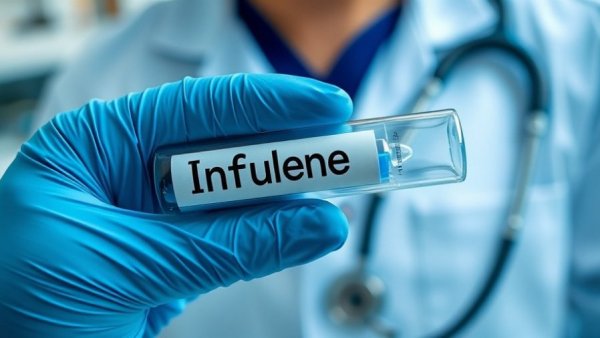 Influenza test tube held by gloved hand with stethoscope, bright setting.