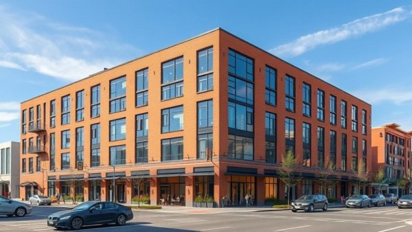 Modern Jersey City mixed-use project with glass and brick facade.