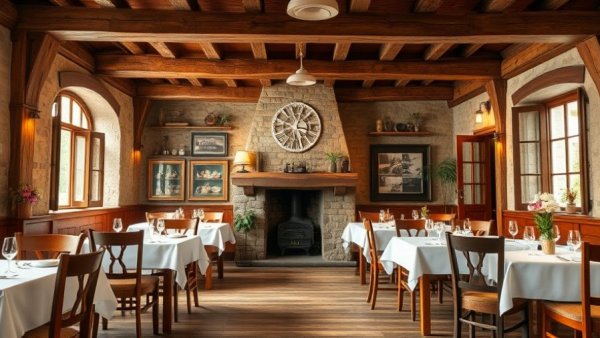 Rustic restaurant interior with fireplace in Upstate NY.