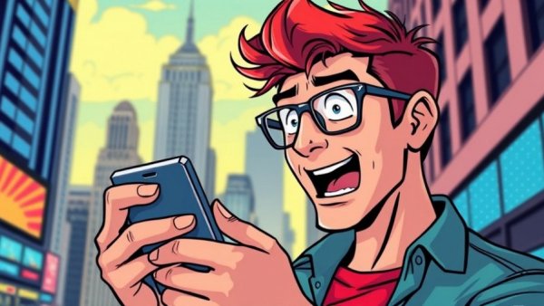 Comic-style man checking phone in urban setting, New Jersey Stage.