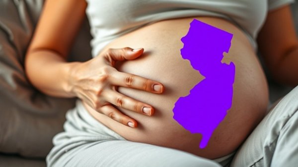Close-up pregnant woman with NJ map, true choice for NJ moms, photorealistic.