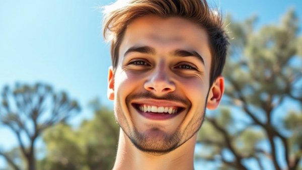 Young man smiling outdoors with trees in the background, vibrant sunny day.