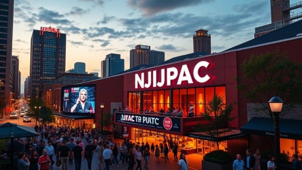 Vibrant evening view of NJPAC in Newark with lively atmosphere.