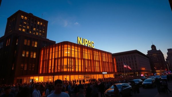 NJPAC Newark at dusk with lights and crowd