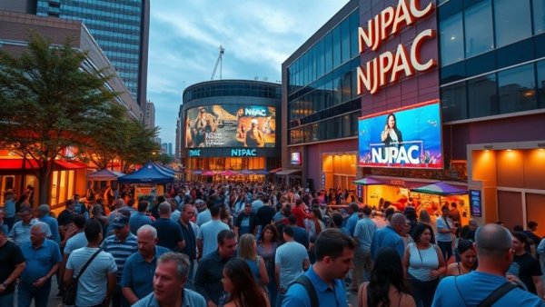 Lively evening event outside NJPAC Newark with a large crowd.