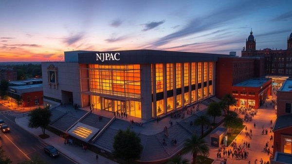 Evening aerial view of NJPAC Newark during a vibrant event.