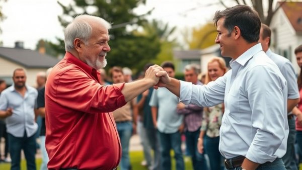 Community meeting outside in a suburban area.