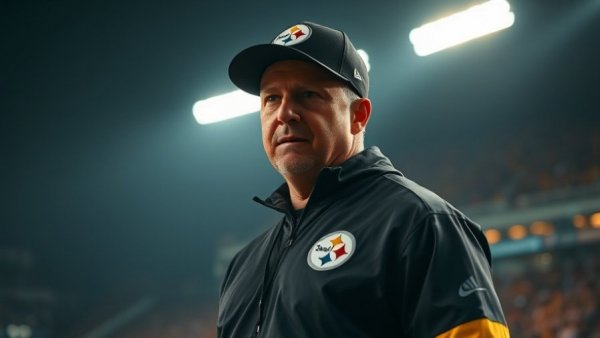 Steelers coach standing on the field under stadium lights.