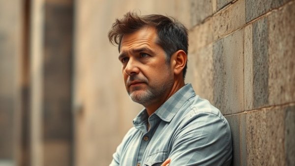 Casual middle-aged man, thoughtful, leaning against a wall.