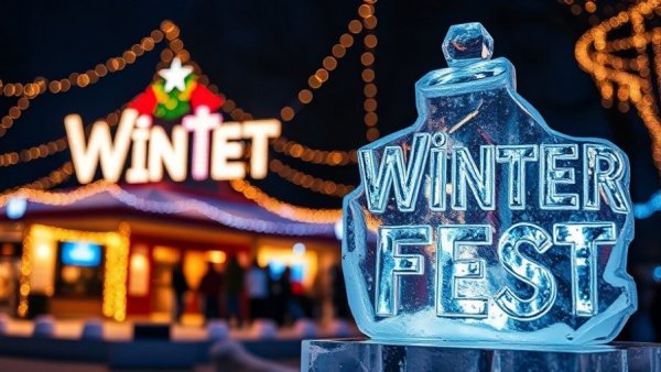 Winterfest sign at New Jersey event glowing at night