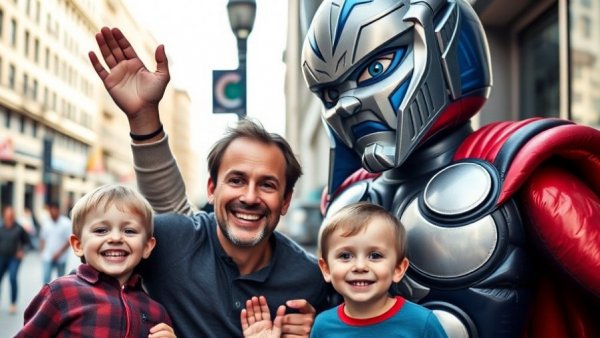 Family fun in NJ: Dad and kids with Thor balloon sculpture.