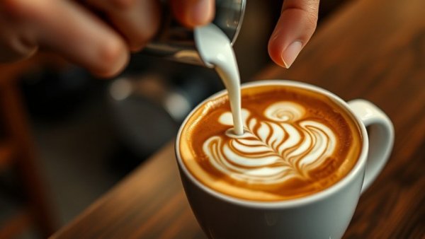 Intricate latte art with milk pouring into a coffee cup.