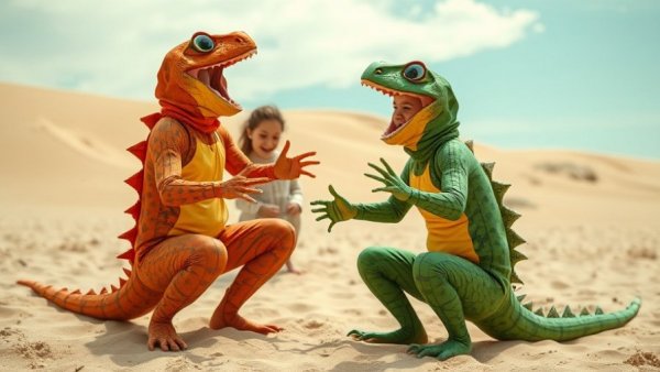 Creative beach performance with lizard costumes for New Jersey arts news.
