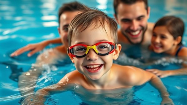 MLK Day family swimming activity in NJ pool, vibrant and cheerful.
