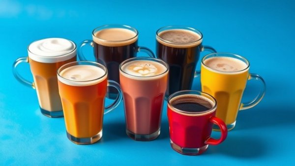 Colorful 7 Brew coffee cups on blue background, Upper Saddle River.