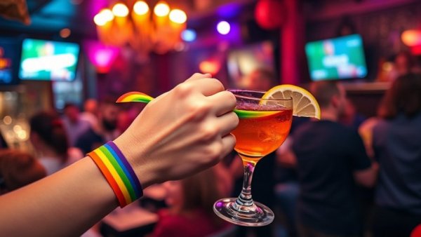 Celebratory scene at Val's Lesbian Bar Philadelphia opening with rainbow bands and cocktails.