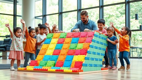 Kids and facilitator celebrating with magnetic tiles at New Jersey break camp.