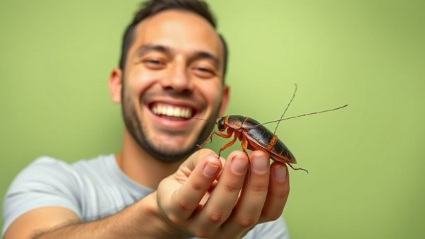 Man smiling at cockroach for naming tradition on Valentine’s Day.