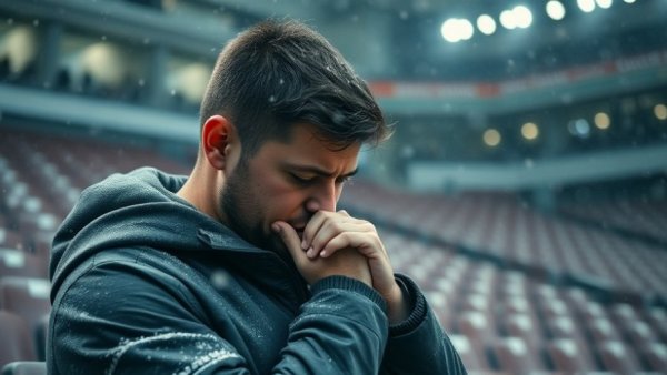 Sad sports fan in empty stadium, South Jersey sports disappointments.