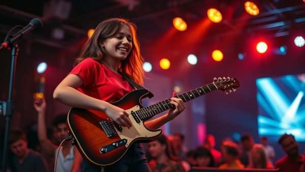 NJ arts events: Woman performing live music on stage with guitar.