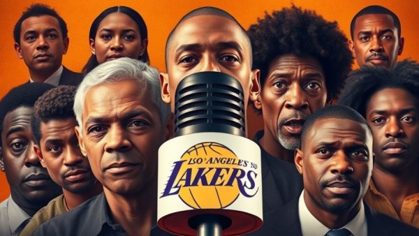 Dynamic collage representing Buss family infighting and Lakers sale theme.