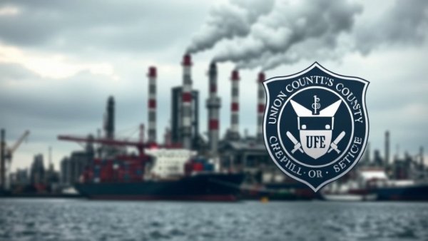 NJ chemical plant scene with prosecutor's emblem overlay.