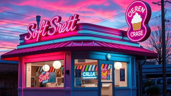 Vibrant soft serve shop exterior in New Jersey, evening.