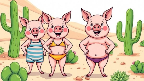 Whimsical pig-headed figures illustration at Ted Lyons art exhibition Hoboken.