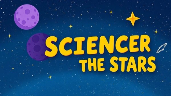 Illustrated cosmic theme with purple dome and starry background, featuring 'Science Under the Stars' text. Cosmic Origin of the Elements.