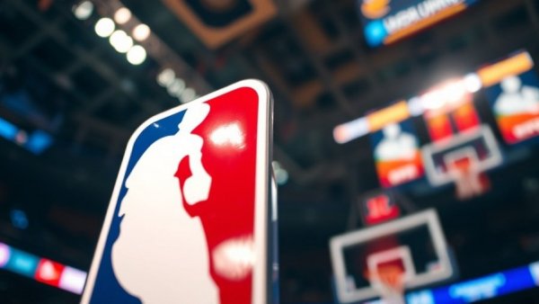 Illuminated NBA logo in arena representing game postponement.