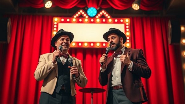 Uncle Floyd Tribute with two comedians under marquee sign on stage.