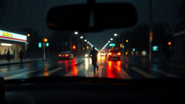 Pedestrian crossing road at night in rain, viewed from car, highlighting risks of dark clothing.