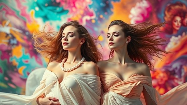 Artistic image of two women in flowing dresses against a colorful abstract background for NJ concert listings