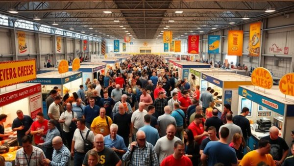Crowded Mac and Cheese Mayhem festival scene with attendees and booths.