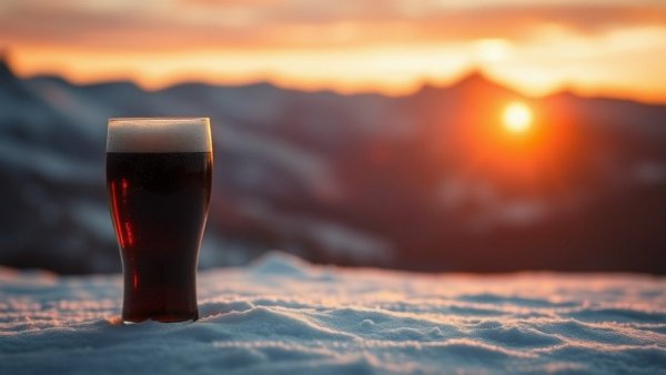 Winter Warmers from NJ Breweries: Dark beer in snowy landscape at sunset.