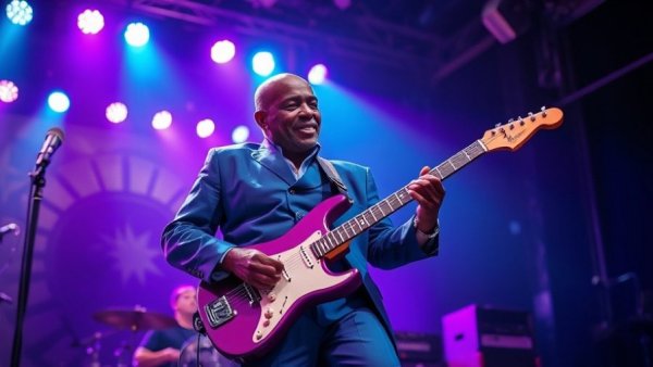 Musician at North to Shore Festival 2026 playing guitar energetically on stage.