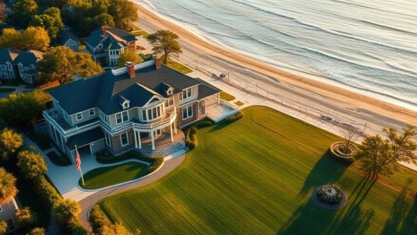 Luxurious home in a richest beach town in New Jersey, aerial view.
