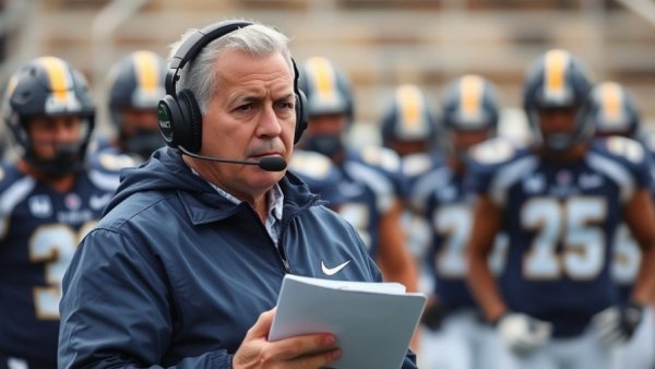 Determined football coach on sidelines during a game.