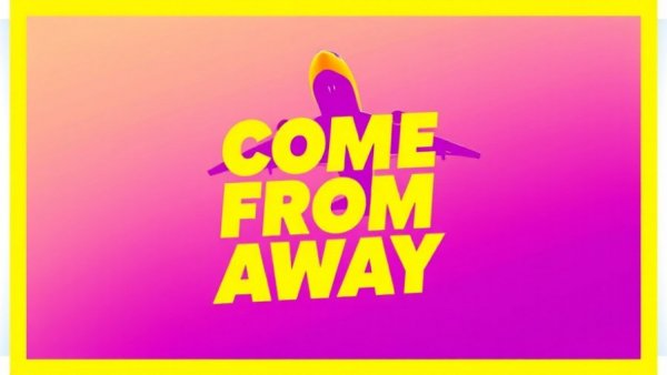 Come From Away poster with airplane, purple background, New Jersey arts events.