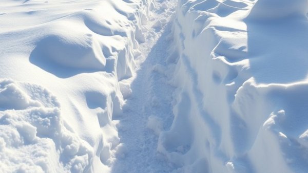 Shoveled NJ walkway through deep snow, sunlight casting shadows.
