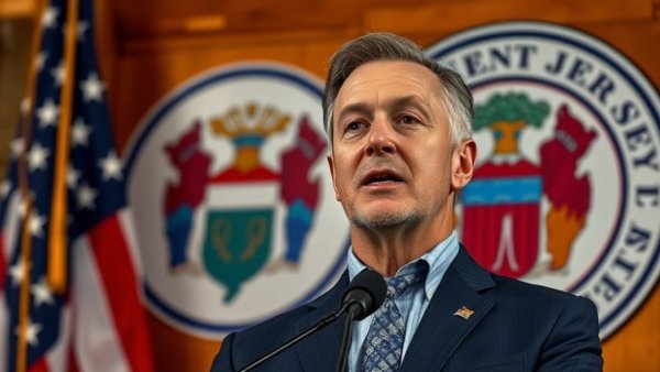 Patriotic person speaking, New Jersey emblem, tax benefits