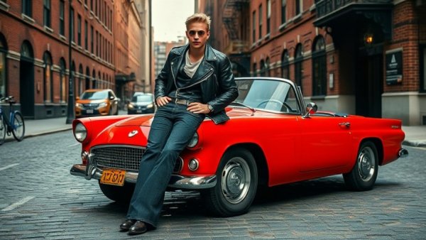 I Want You album tribute photo with vintage car on urban street.