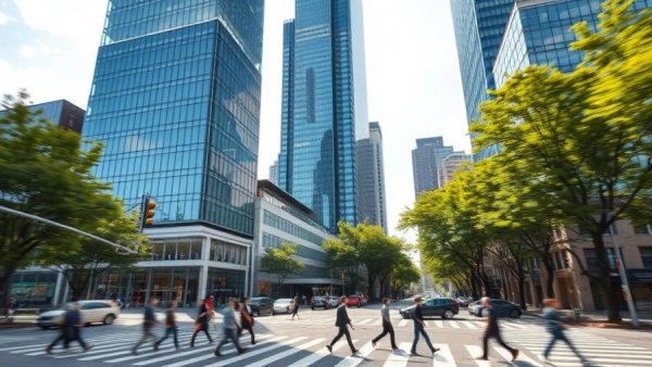 Modern Jersey City streetscape with skyscrapers and pedestrians.