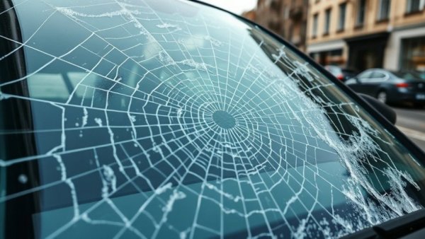 Cracked windshield from flying ice in New Jersey street scene.