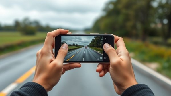Hands use smartphone camera to capture rural road and cars, reflecting New Jersey ICE reporting portal concept.