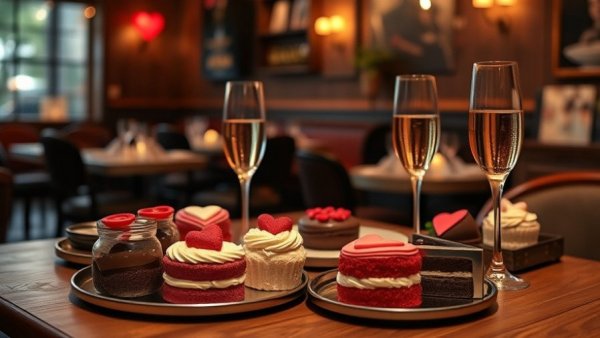 Valentine's Day dining NJ: Romantic dessert spread with champagne in cozy setting