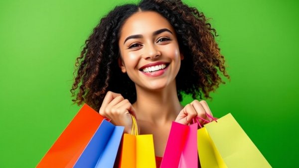 Cheerful woman holding shopping bags, bright green background.