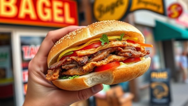 Close-up of bagel sandwich in front of Wonder Bagels Journal Square.
