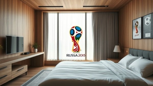 Modern hotel room with World Cup and soccer ball icons.